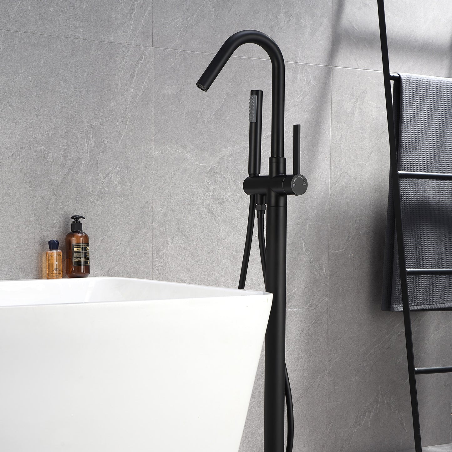 Single-Handle Freestanding Floor Mount Roman Tub Faucet Bathtub Filler with Hand Shower in Matte Black