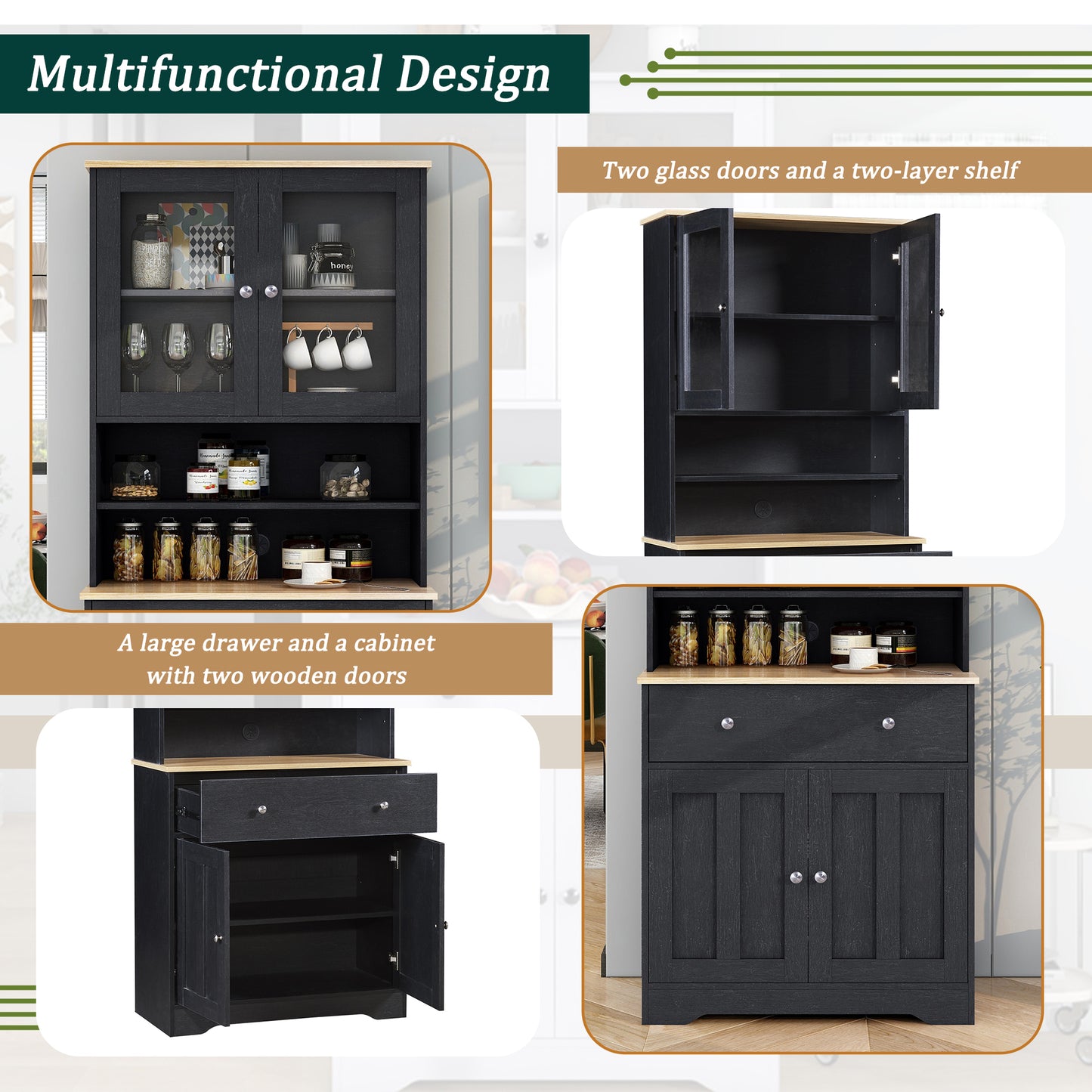 TREXM 70.9" Multifunctional Pantry Cabinet MDF Storage Cabinet with Glass Doors, A Large Drawer and Adjustable Shelves (Black)