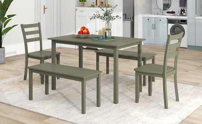 TOPMAX 5-piece Wooden Dining Set, Kitchen Table with 2 Dining Chairs and 2 Benches, Farmhouse Rustic Style, Green