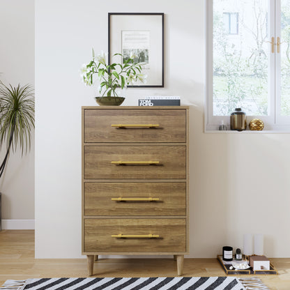 Mid-Century Modern Chest with Golden Handles, Four-Drawer, Natural Walnut