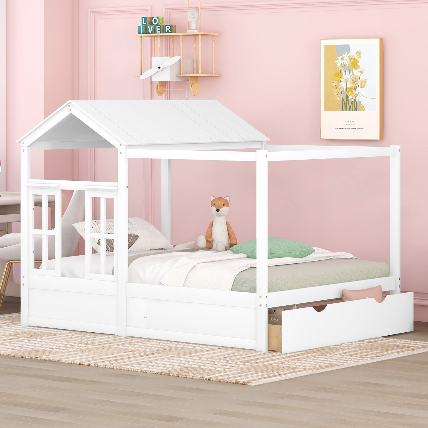 Full Size House Bed with Roof, Window and Drawer - White