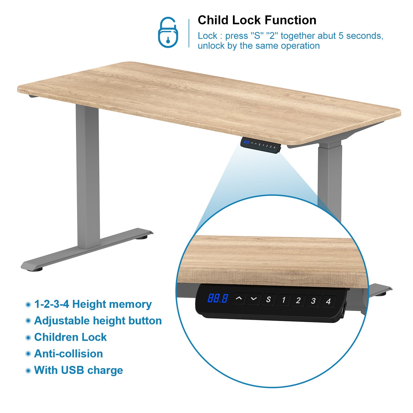 Electric Standing Desk  with Dual Motor Height Adjustable Sit Stand Desk Computer Workstation with USB Charge
"	
，Silver Grey