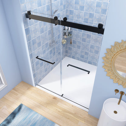 Frameless Double Sliding Shower, 69" - 72" Width, 79" Height, 3/8" (10 mm) Clear Tempered Glass, , Designed for Smooth Door with Clear Tempered Glass and Stainless Steel Hardware in Matte Black Finish