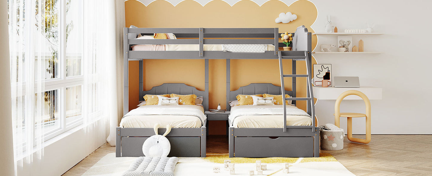 Full Over Twin & Twin Bunk Bed, Velvet Triple Bunk Bed with Drawers and Guardrails, Gray