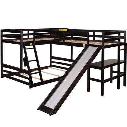 Twin over Full Bunk Bed with Twin Size Loft Bed with Desk and Slide,Full-Length Guardrail, Espresso