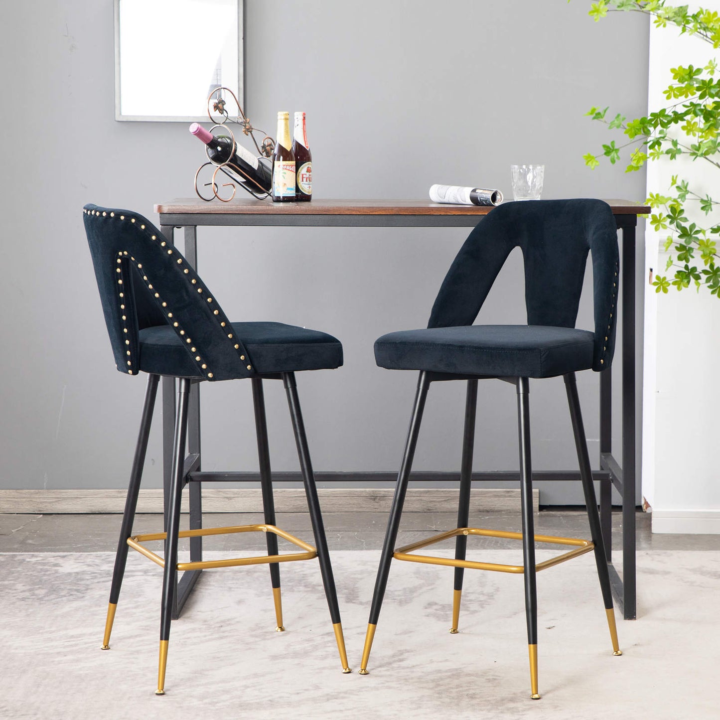 A&A Furniture,Akoya Collection Modern | Contemporary Velvet Upholstered Connor 28" Bar Stool & Counter Stools with Nailheads and Gold Tipped Black Metal Legs,Set of 2 (Black)