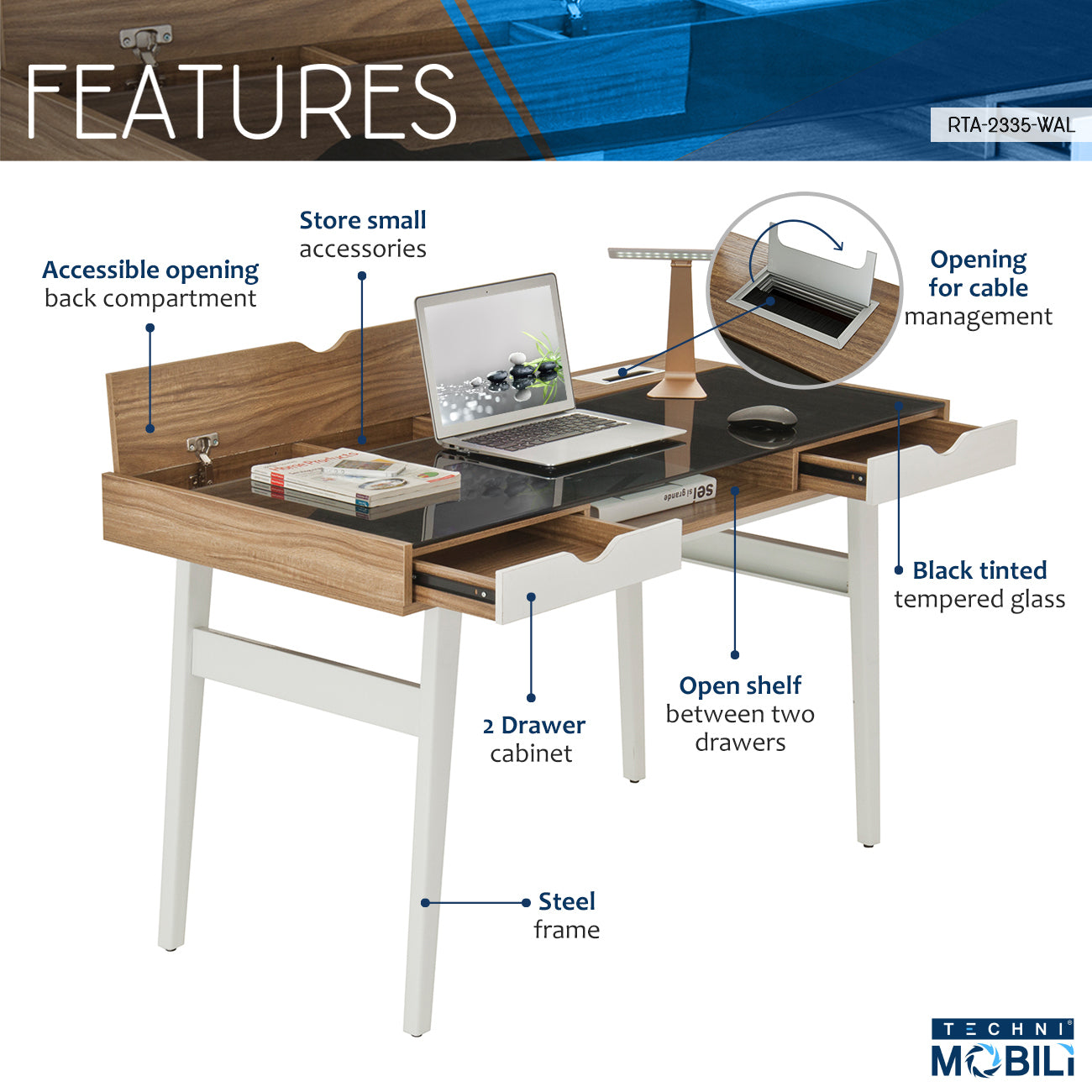 Techni Mobili Compact Computer Desk with Multiple Storage, Walnut