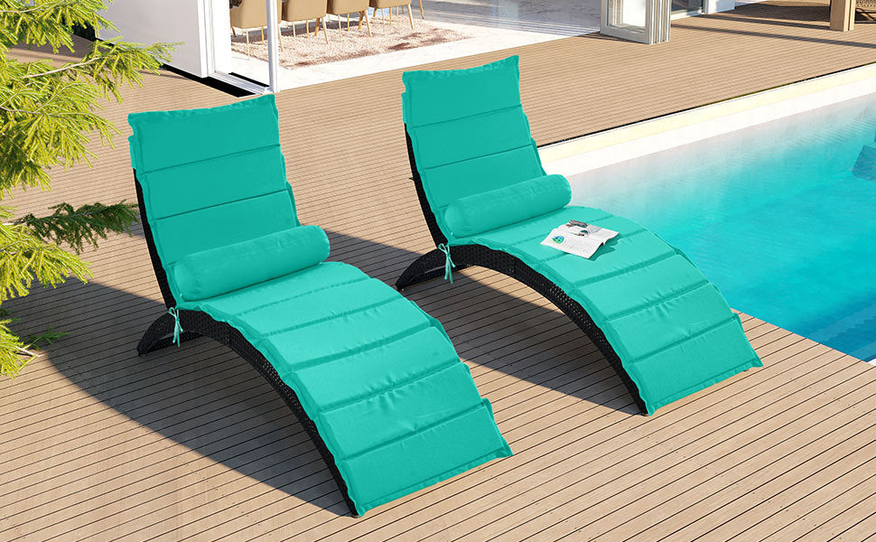 GO Patio Wicker Sun Lounger, PE Rattan Foldable Chaise Lounger with Removable Cushion and Bolster Pillow, Black Wicker and Turquoise Cushion (2 sets)