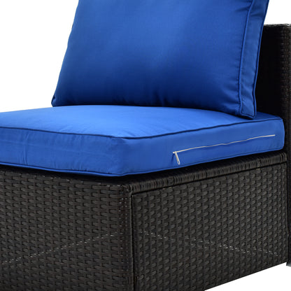 TOPMAX 6PCS Outdoor Patio Sectional All Weather PE Wicker Rattan Sofa Set with Glass Table, Blue Cushion+ Brown Wicker