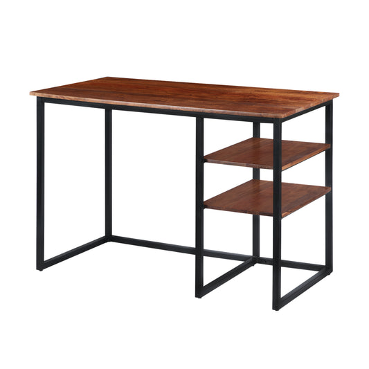 45 Inch Tubular Metal Frame Desk with Wooden Top and 2 Side Shelves, Brown and Black