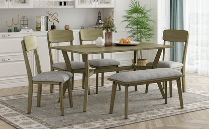 TREXM Mid-Century Style 6-Piece Dining Table Set Wooden Dining Table and Fabric Chair with Bench (Antique Yellow+Gray)