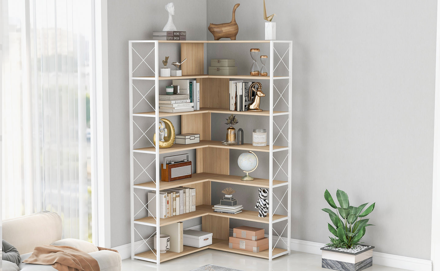 7-Tier Bookcase Home Office Bookshelf,  L-Shaped Corner Bookcase with Metal Frame, Industrial Style Shelf with Open Storage, MDF Board