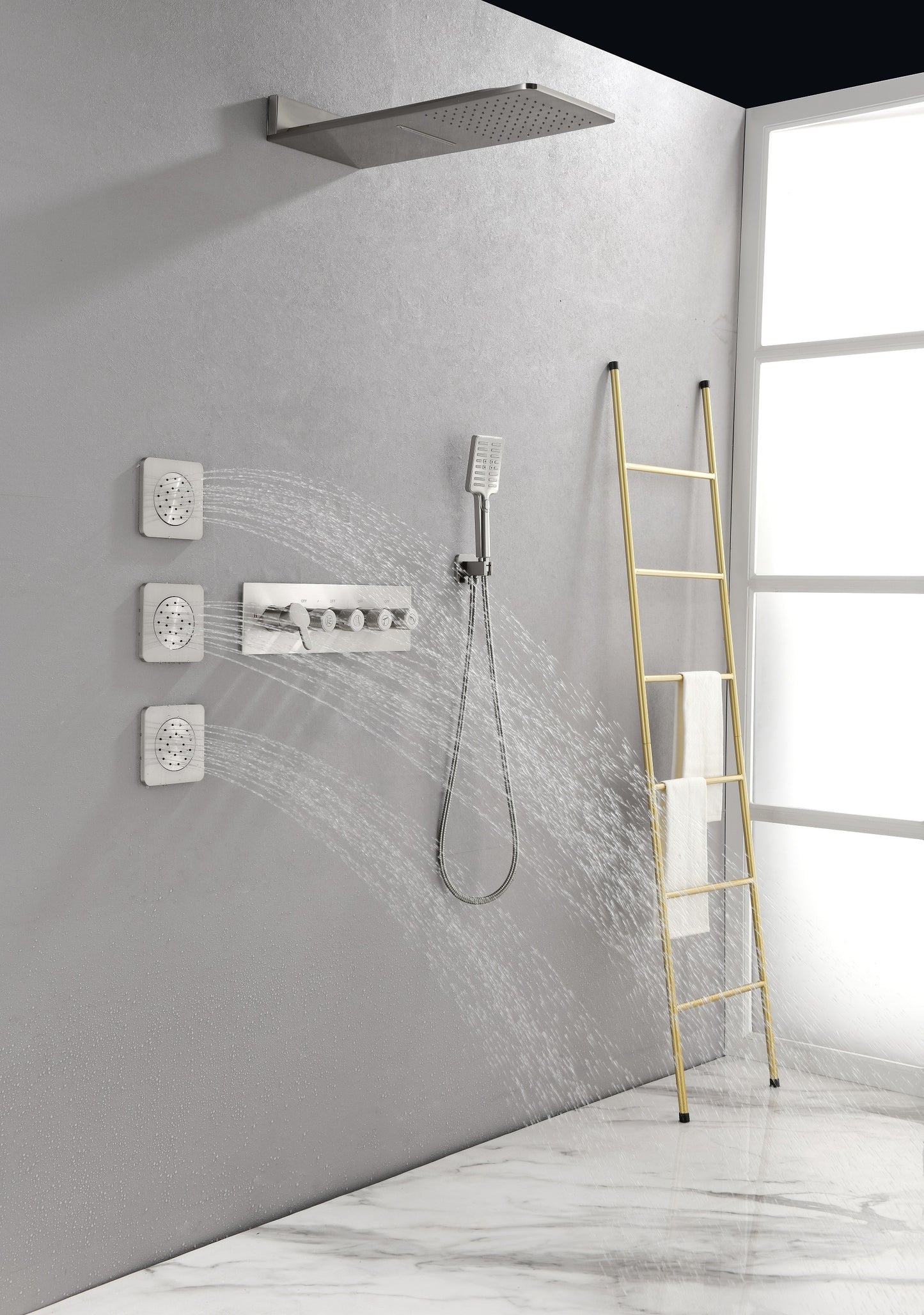 Wall Mounted Waterfall Rain Shower System With 3 Body Sprays & Handheld Shower