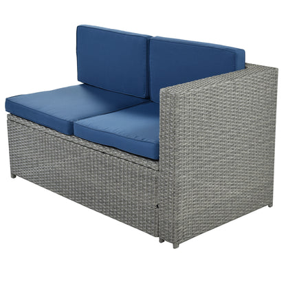 U_Style 9 Piece Rattan Sectional Seating Group with Cushions and Ottoman, Patio Furniture Sets, Outdoor Wicker Sectional, Grey Ratten+Blue Cushions