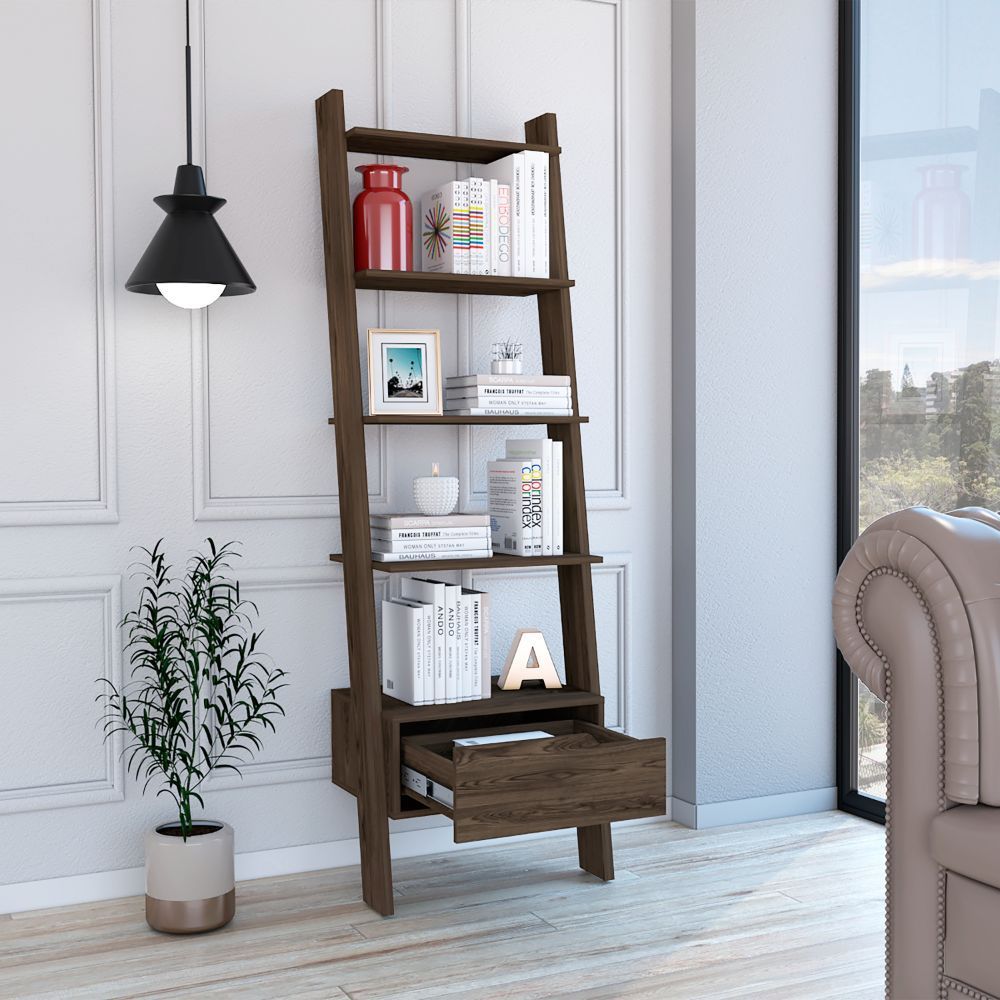 New Haven 1-Drawer 4-Shelf Ladder  Bookcase Dark Walnut