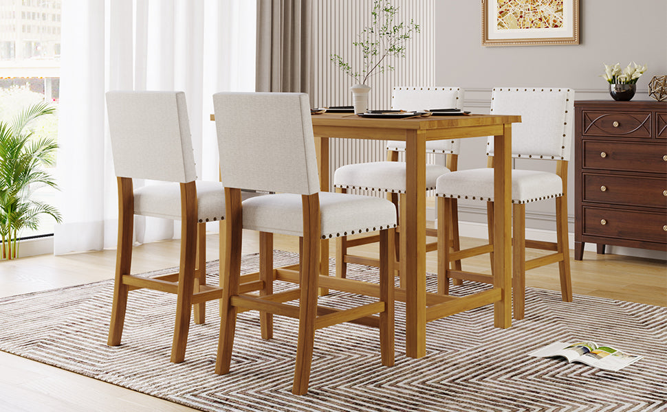 TOPMAX 5 Piece Rustic Wooden Counter Height Dining Table Set with 4 Upholstered Chairs for Small Places, Natural+Beige