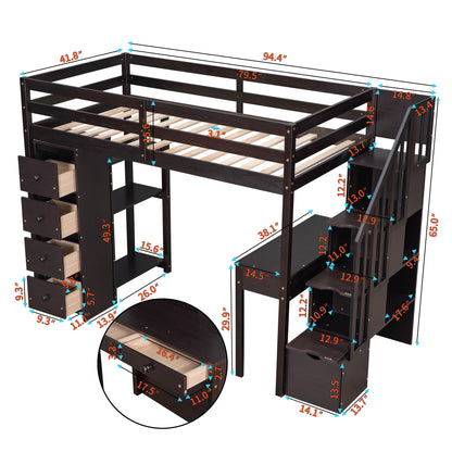 Twin size Loft Bed with Storage Drawers ,Desk and Stairs, Wooden Loft Bed with Shelves - Espresso