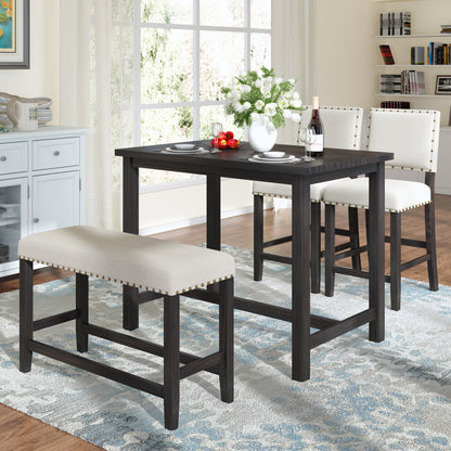 TOPMAX 4 Piece Rustic Wooden Counter Height Dining Table Set with Upholstered Bench for Small Places, Espresso+ Beige