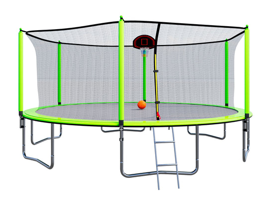 16FT Trampoline with Basketball Hoop Inflator and Ladder(Inner Safety Enclosure) Green