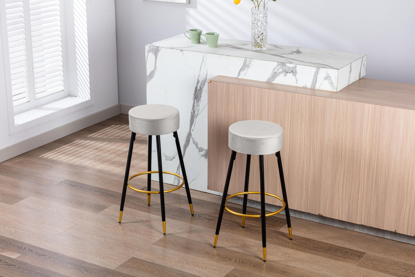 Counter Height Bar Stools Set of 2, Velvet Kitchen Stools Upholstered Dining Chair Stools 24 Inches Height with Golden Footrest for Kitchen Island Coffee Shop Bar Home Balcony,