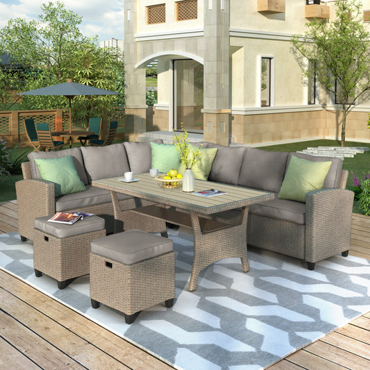 U_STYLE Patio Furniture Set, 5 Piece Outdoor Conversation Set, Dining Table Chair with Ottoman and Throw Pillows