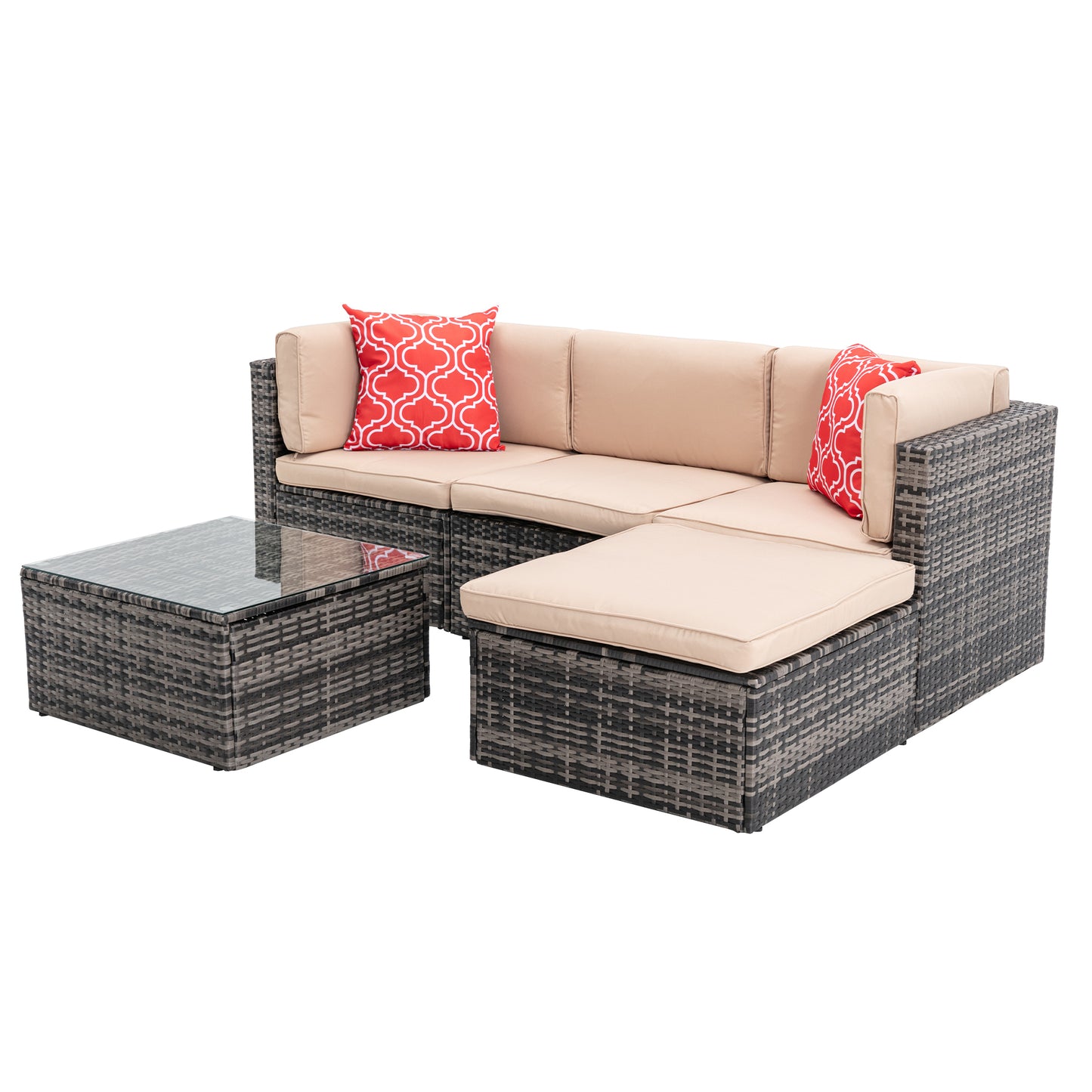 5Pcs Outdoor Garden Patio Furniture  PE Rattan Wicker  Sectional Cushioned Sofa Sets with 2 Pillows and Coffee Table