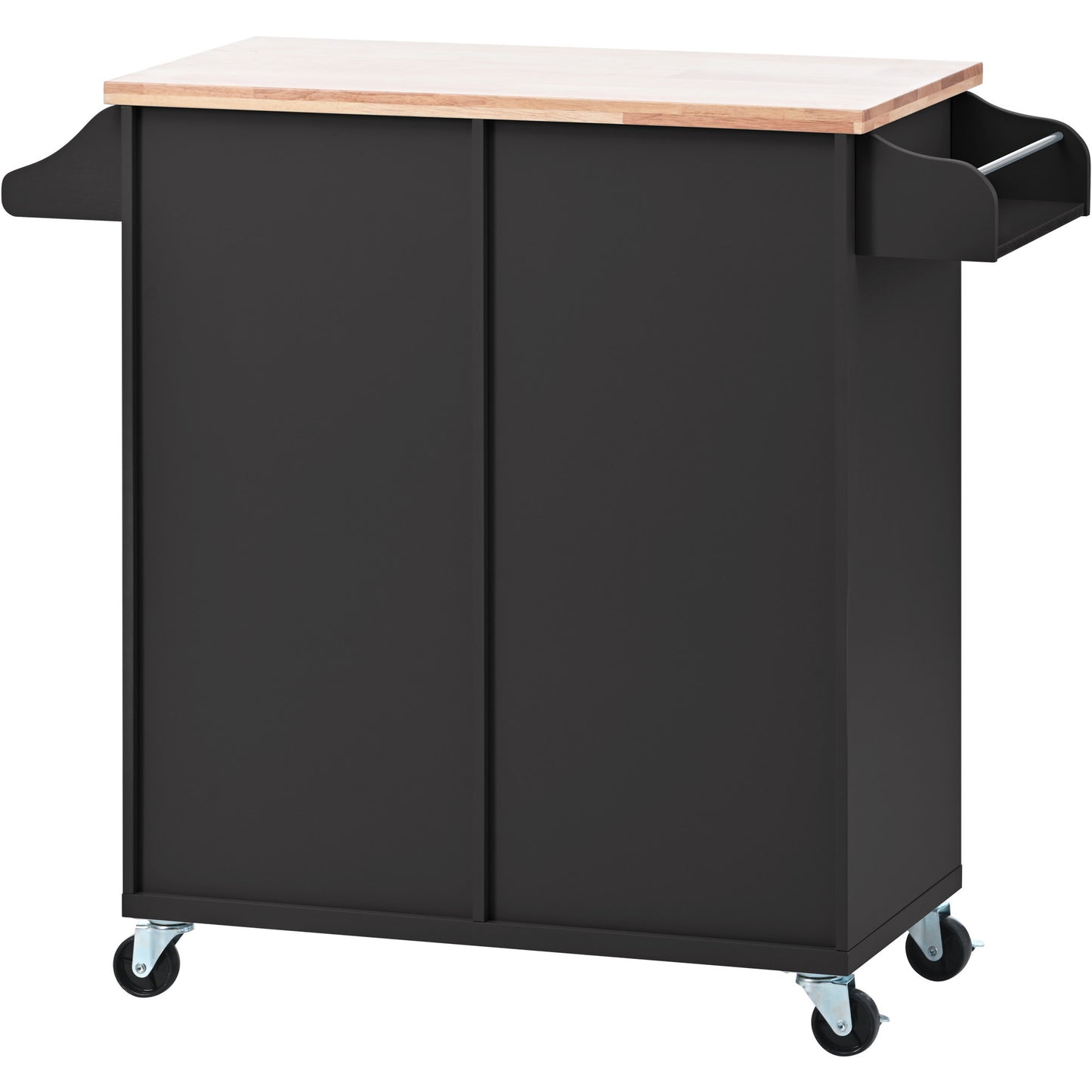 K&K Store Kitchen Cart on 4 Wheels with 2 Drawers and 3 Open Shelves, Kitchen Island with Rubber Wood top for Dinning Room, Black