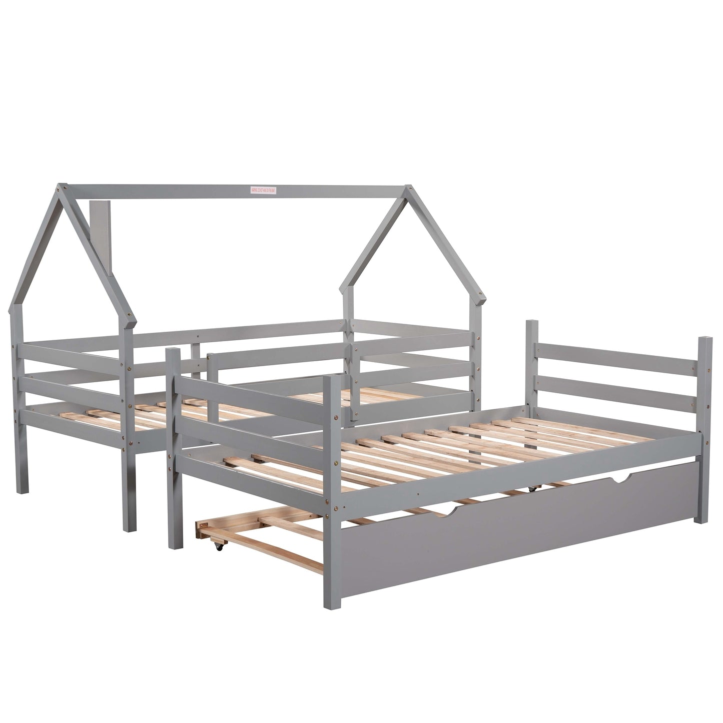 Twin over Twin House Bunk Bed with Trundle and Chimney Design,Gray