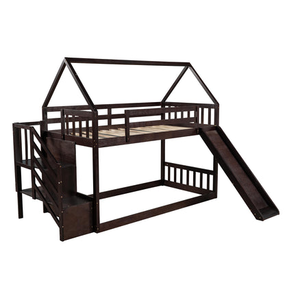 Twin over Twin House Bunk Bed with Slide and Storage Staircase,Espresso