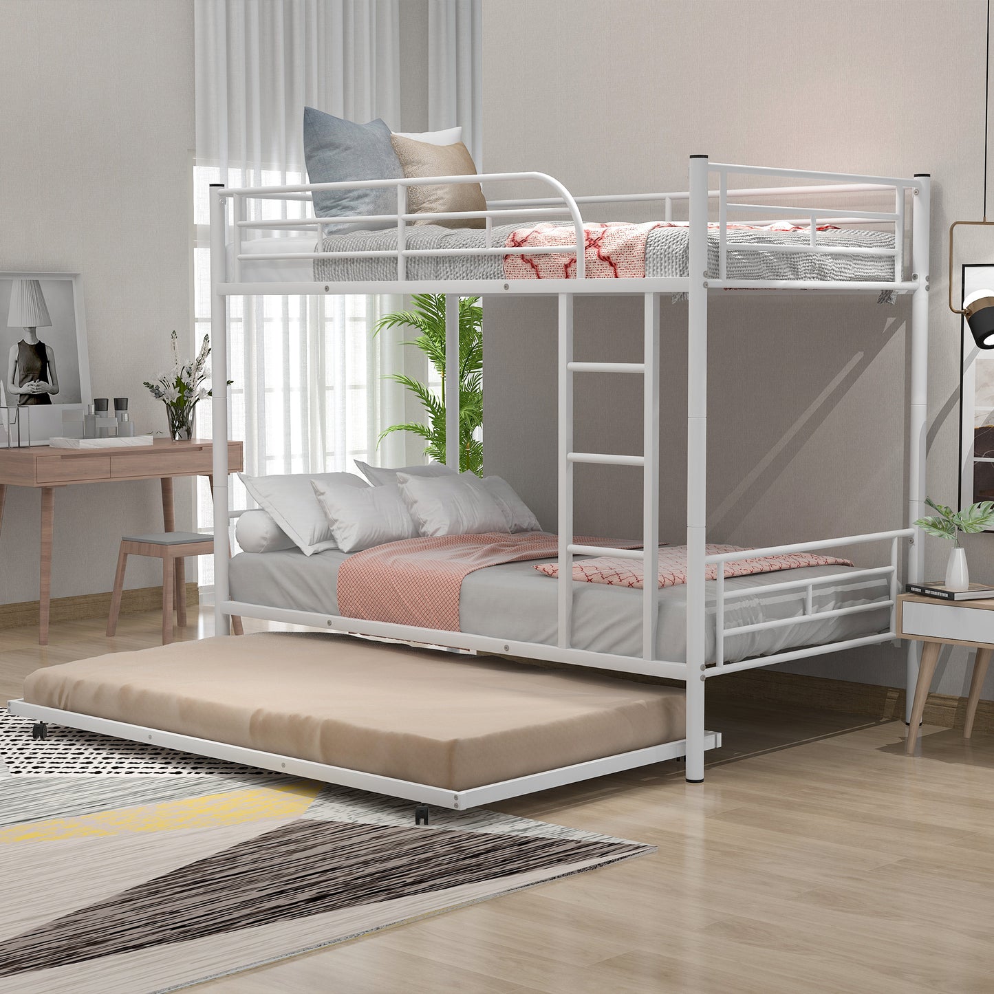 Twin-Over-Twin Metal Bunk Bed With Trundle,Can be Divided into two beds,No Box Spring needed ,White ( old sku: MF194806AAK )