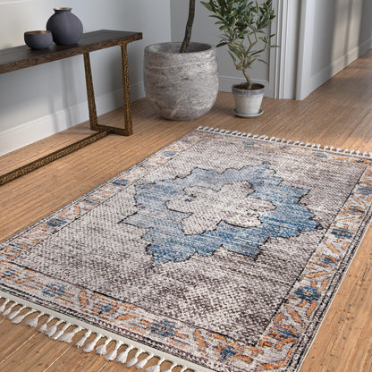 Distressed Medallion Cream and Blue Polypropylene Area Rug 5x8