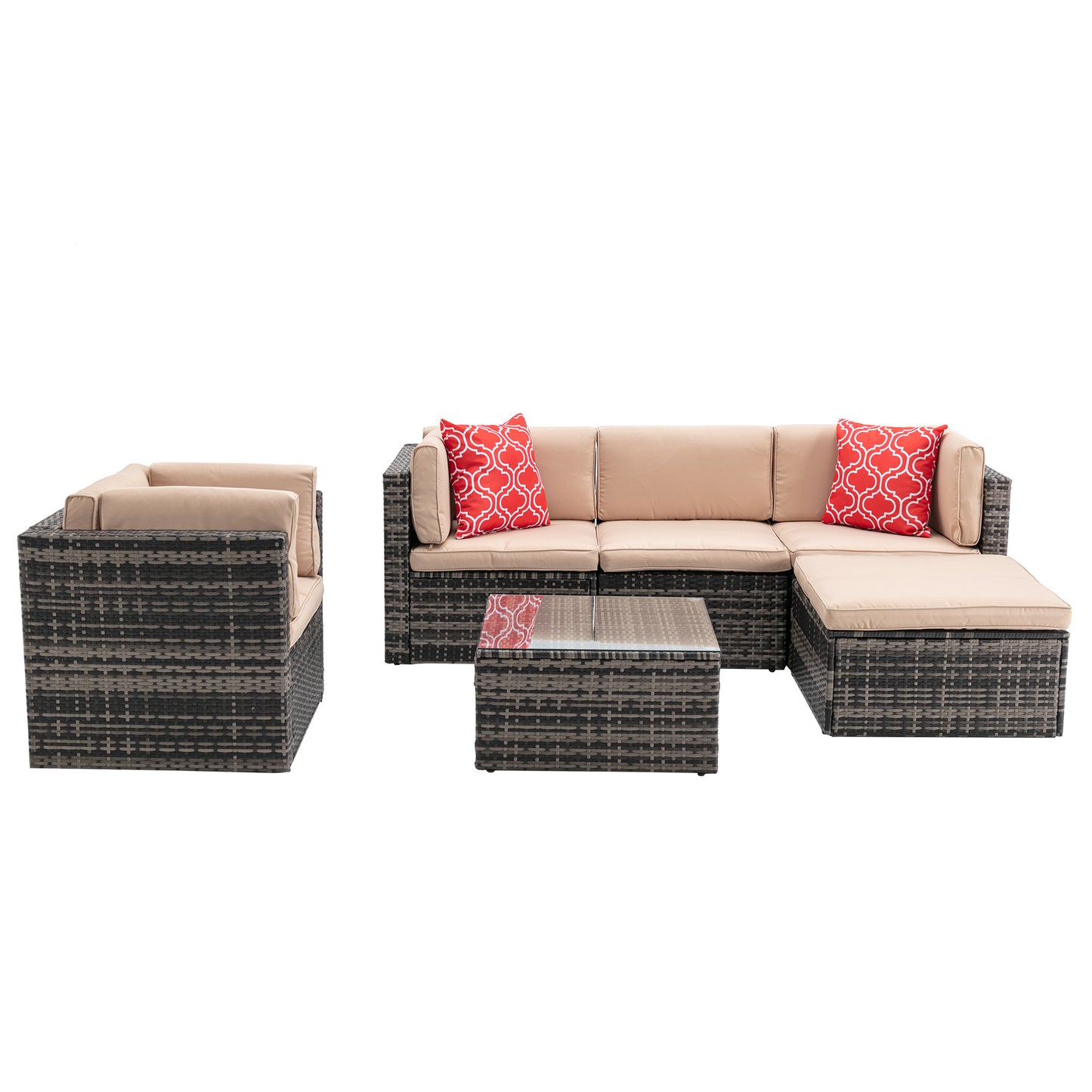 6Pcs Outdoor Garden Patio Furniture  PE Rattan Wicker  Sectional Cushioned Sofa Sets with 2 Pillows and Coffee Table