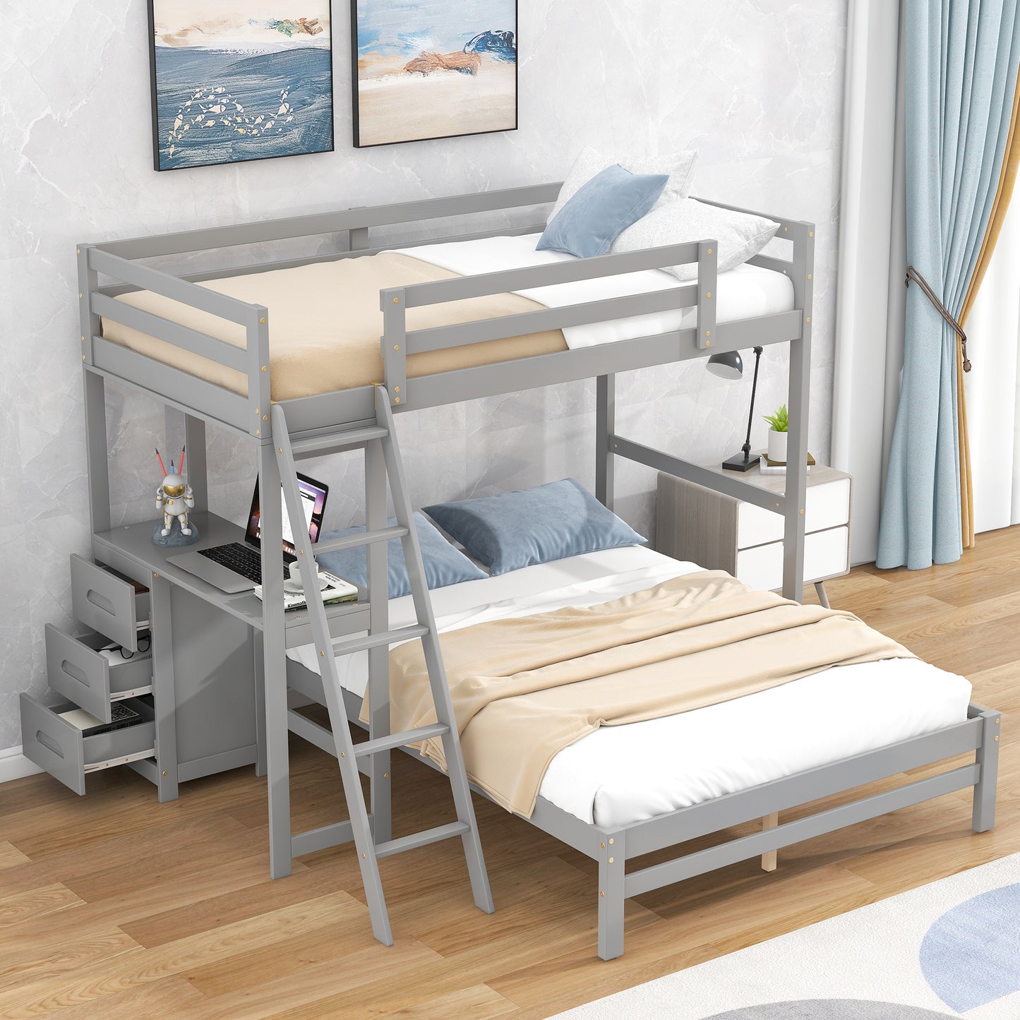 Twin over Full Bunk Bed with Built-in Desk and Three Drawers,Grey