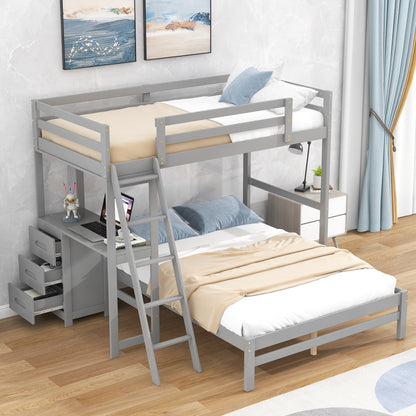 Twin over Full Bunk Bed with Built-in Desk and Three Drawers,Grey