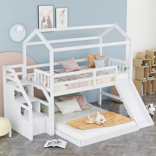 Twin over Full House Bunk Bed with Convertible Slide and Storage Staircase,Full-Length Guardrail,White