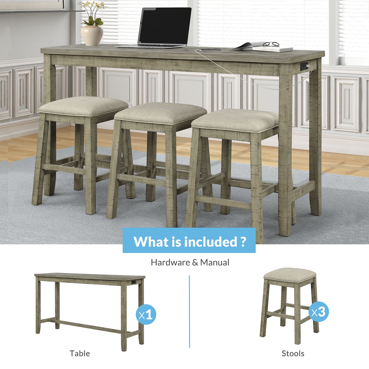 TOPMAX 4 Pieces Counter Height Table with Fabric Padded Stools,Rustic Bar Dining Set with Socket,Gray Green