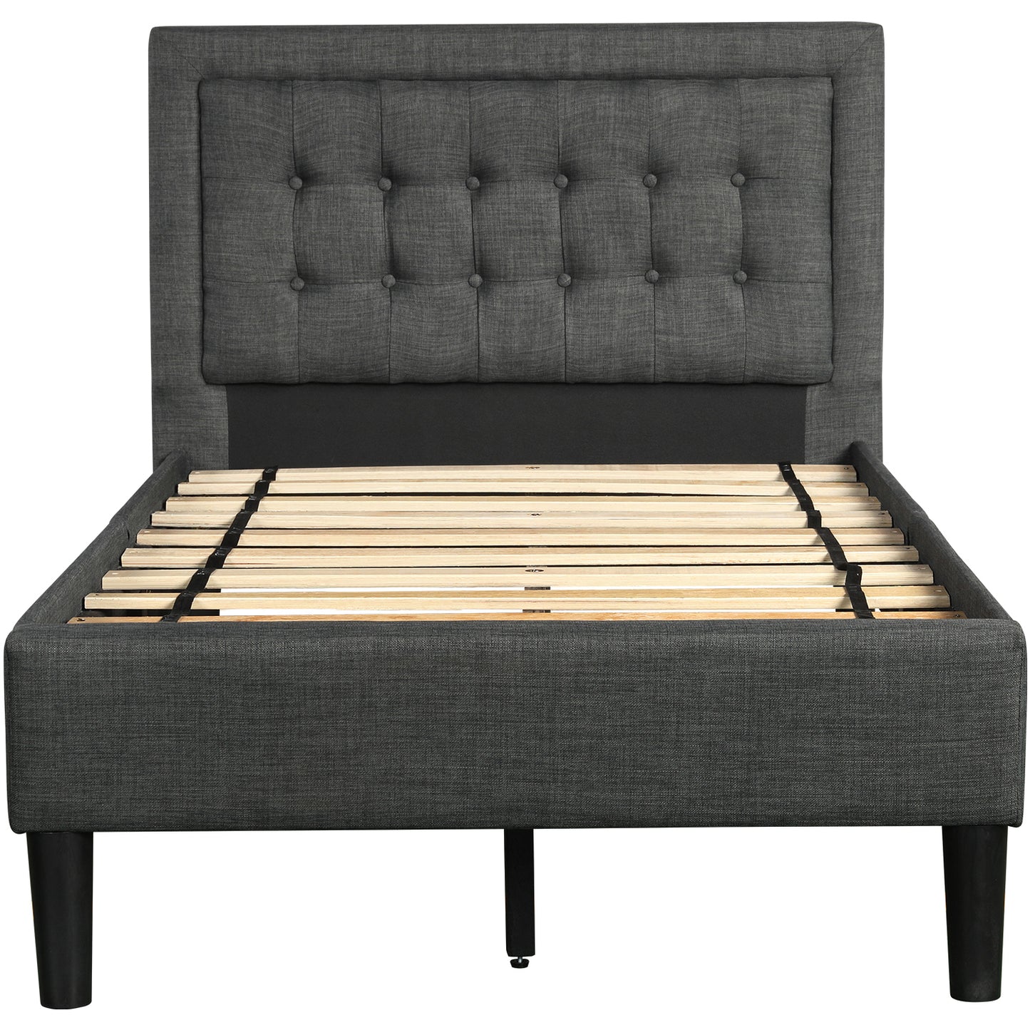 Upholstered Button-Tufted Platform Bed with Strong Wood Slat Support (Twin, Gray)