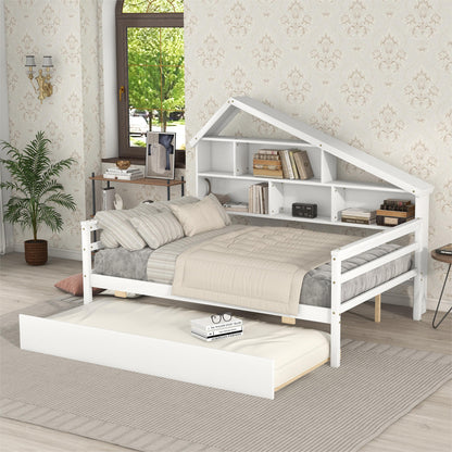 Full Size Platform Bed with Trundle and Shelves, White