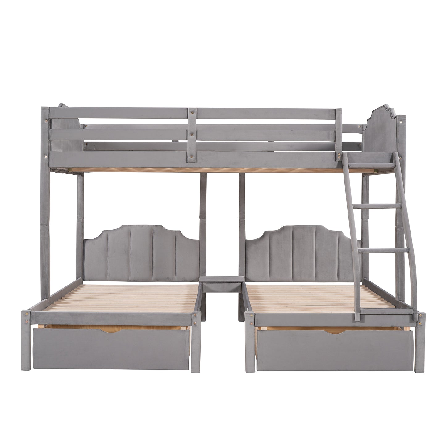 Full Over Twin & Twin Bunk Bed, Velvet Triple Bunk Bed with Drawers and Guardrails, Gray