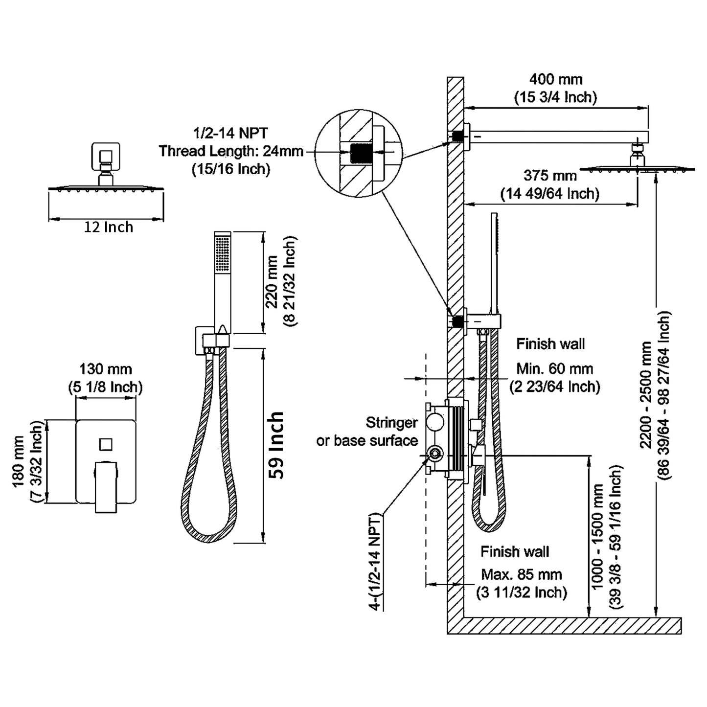 Shower System Shower Faucet Combo Set Wall Mounted with 12" Rainfall Shower Head and handheld shower faucet, Brushed Gold Finish with Brass Valve Rough-In