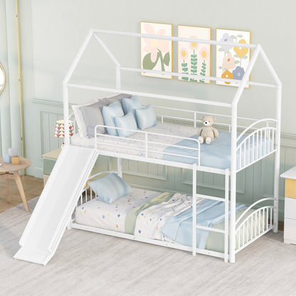 Twin Over Twin Metal Bunk Bed With Slide,Kids House Bed White