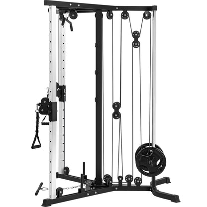 Cable Crossover Machine Station Olympic Squat Cage Fitness Power Rack with LAT Pulldown and Low Row, Multi-Grip Pull Up Bar for Home Gym