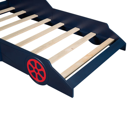 Twin Size Race Car-Shaped Platform Bed with Wheels,Blue+Red