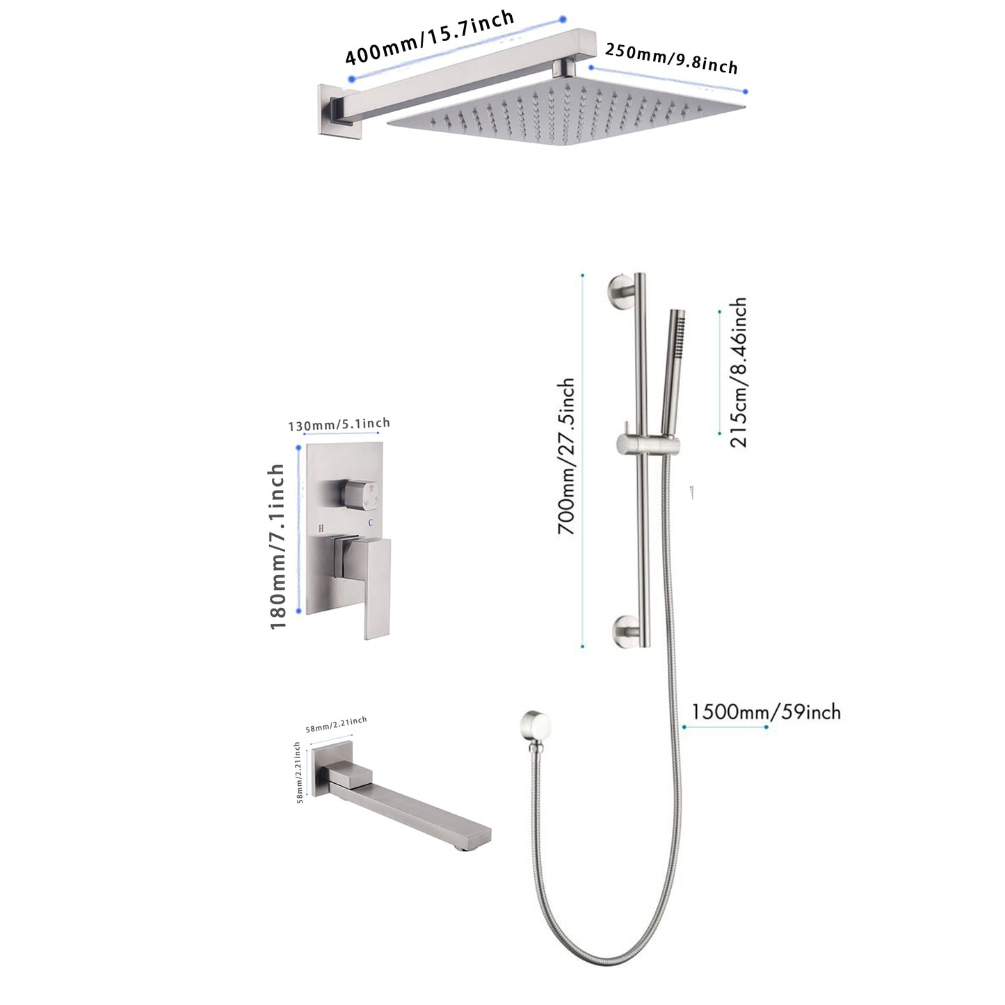 Shower System 10 Inch Square Bathroom Luxury Rain Mixer Shower Combo Set Pressure Balanced Shower System with Shower Head, Hand Shower, Slide Bar, Shower Arm, Hose, and Valve Trim