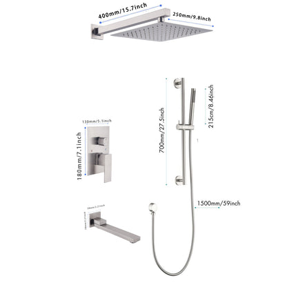 Shower System 10 Inch Square Bathroom Luxury Rain Mixer Shower Combo Set Pressure Balanced Shower System with Shower Head, Hand Shower, Slide Bar, Shower Arm, Hose, and Valve Trim