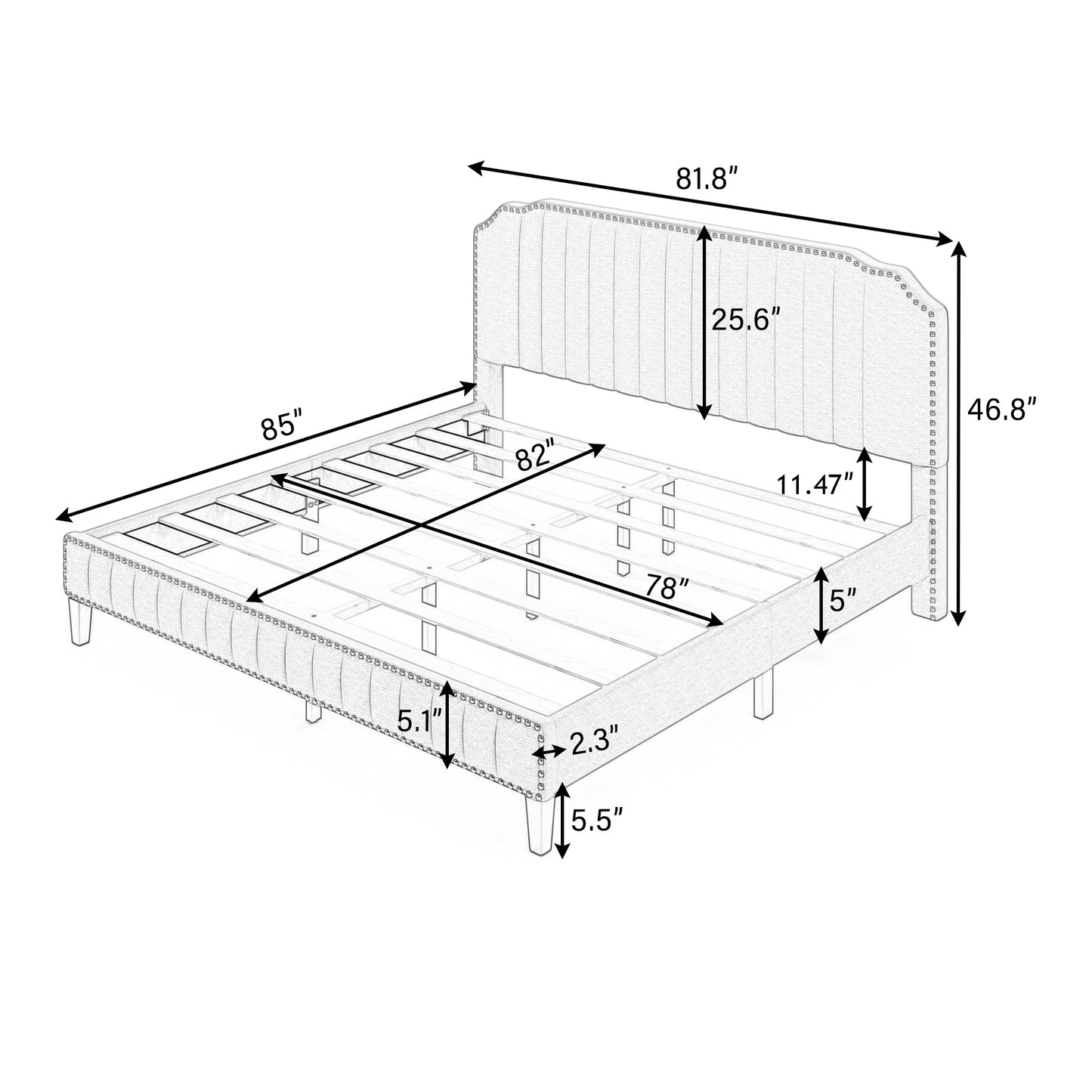 Modern Linen Curved Upholstered Platform Bed , Solid Wood Frame , Nailhead Trim (King)