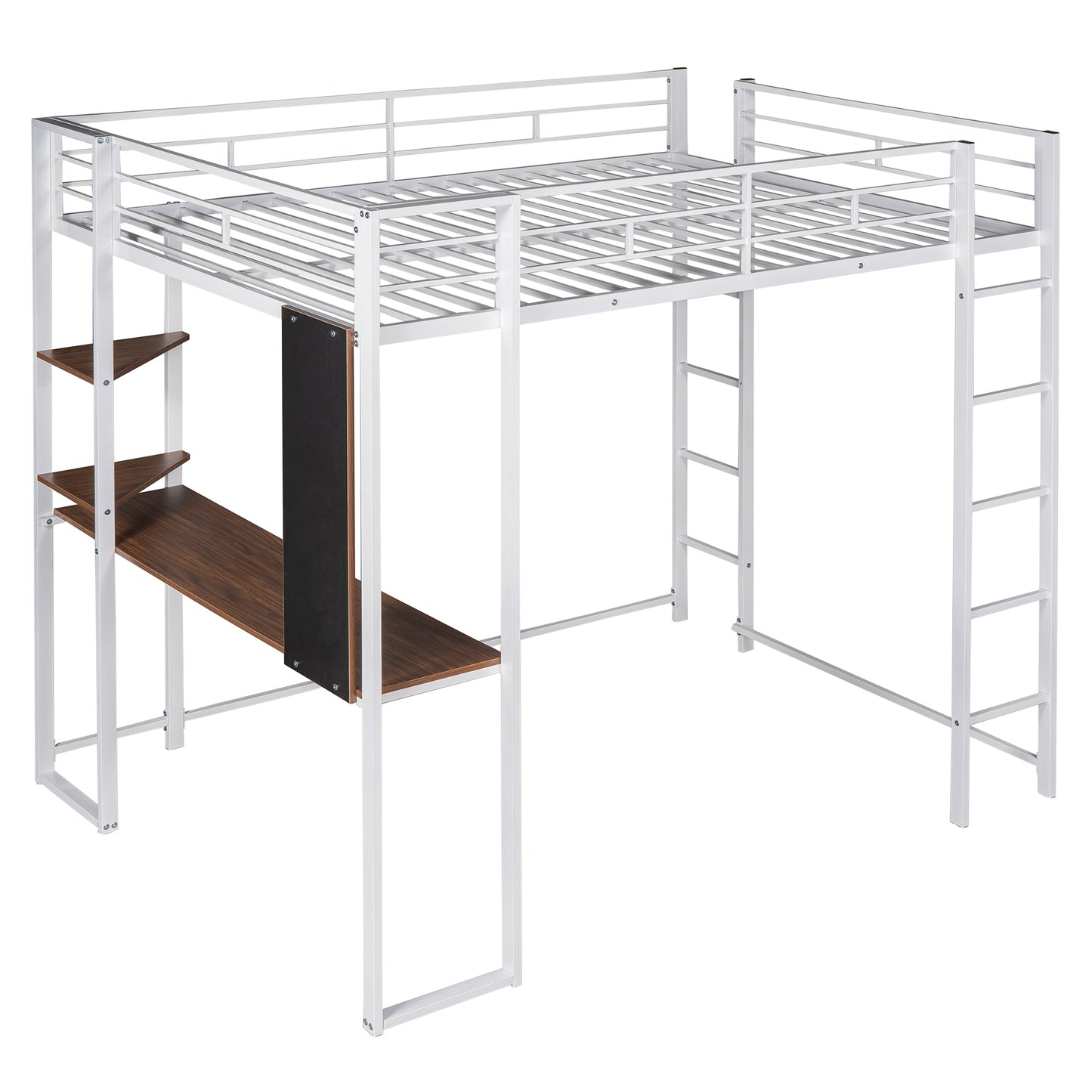 Full Size Metal Loft Bed with 2 Shelves and one Desk ,White (Old SKU: LP000191AAK )