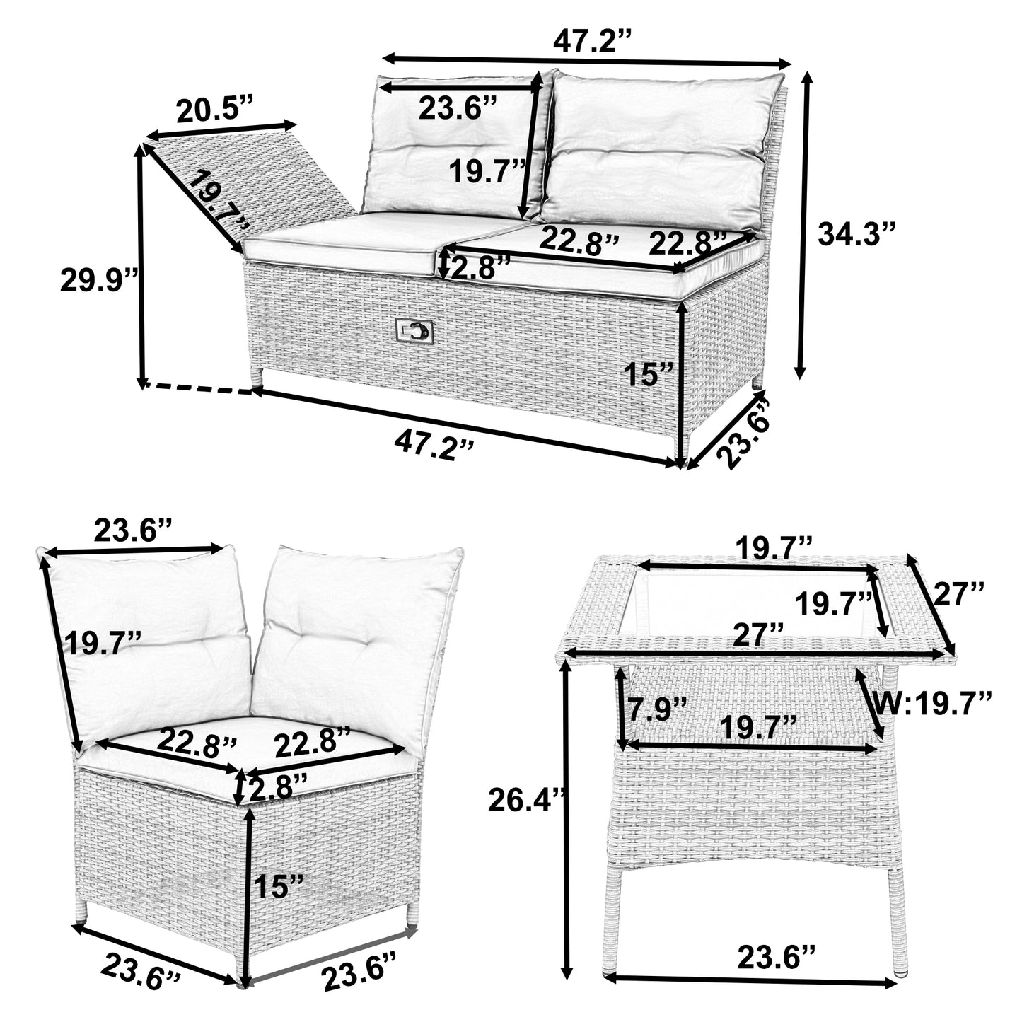 TOPMAX Outdoor Patio 4-Piece All Weather PE Wicker Rattan Sofa Set with Adjustable Backs for Backyard, Poolside, Gray