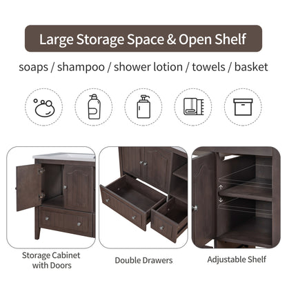 [VIDEO] 36" Bathroom Vanity with Ceramic Basin, Bathroom Storage Cabinet with Two Doors and Drawers, Solid Frame, Metal Handles, Brown