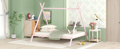 House Bed Tent Bed Frame Full Size Metal Floor Play House Bed with Slat for Kids Girls Boys , No Box Spring Needed Pink